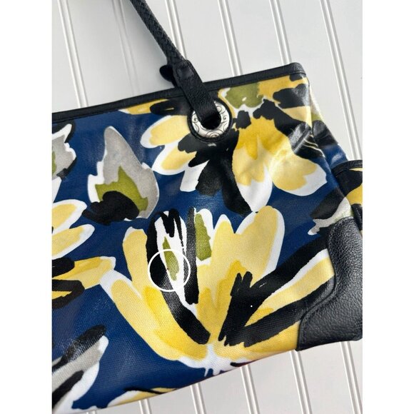 Brighton Coated Canvas Shoulder Bag Yellow & Blue Floral Blooms w/ Leather Trim - Picture 6 of 11